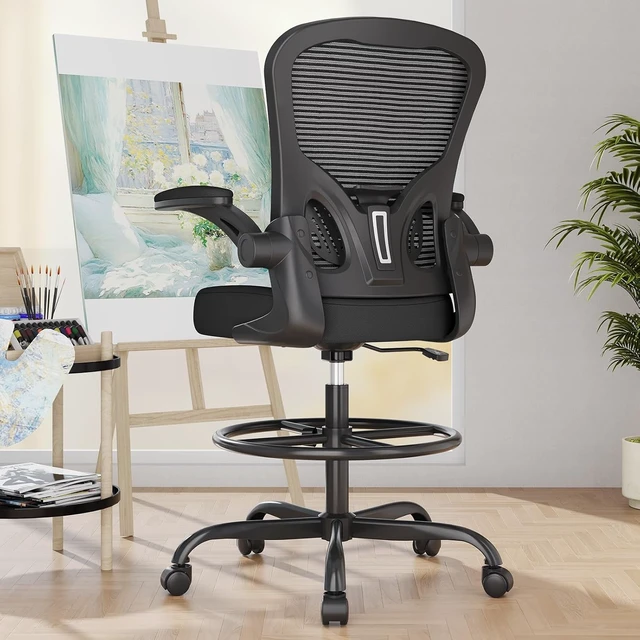 Alt view image 2 of 7 - Ergonomic Tall Mesh Drafting Chair with Flip-Up Arms
