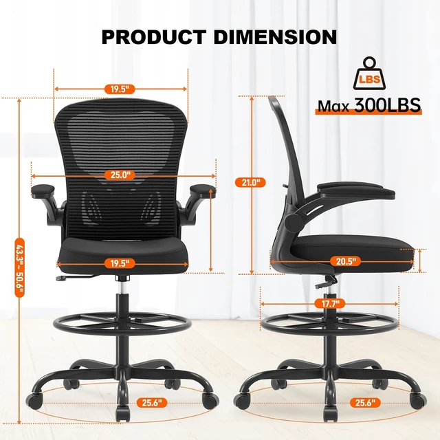 Alt view image 3 of 7 - Ergonomic Tall Mesh Drafting Chair with Flip-Up Arms