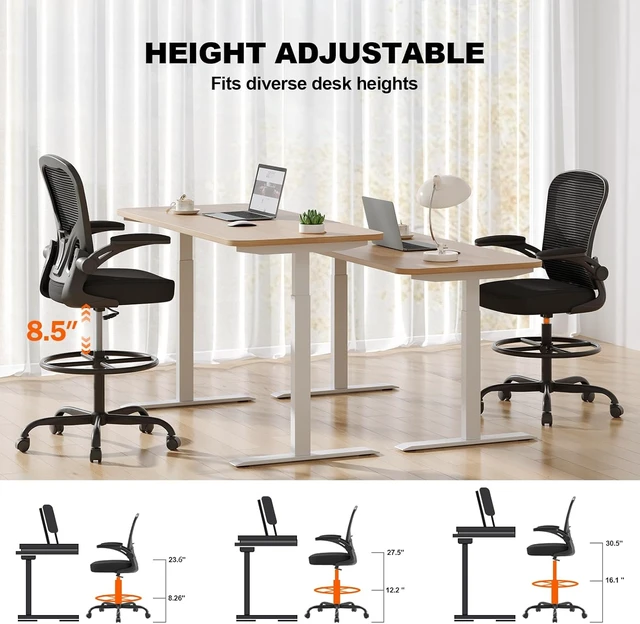 Alt view image 4 of 7 - Ergonomic Tall Mesh Drafting Chair with Flip-Up Arms