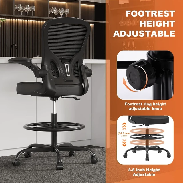 Alt view image 7 of 7 - Ergonomic Tall Mesh Drafting Chair with Flip-Up Arms