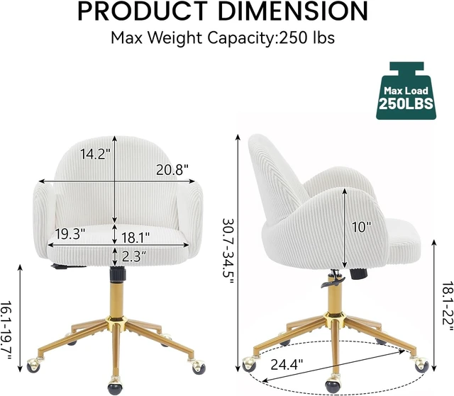 Alt view image 2 of 7 - Velvet Upholstered Office Desk Chair with Adjustable Swivel Wheels Ergonomic Computer Chair for Living Room, Bedroom, Office & Vanity Study (Beige)