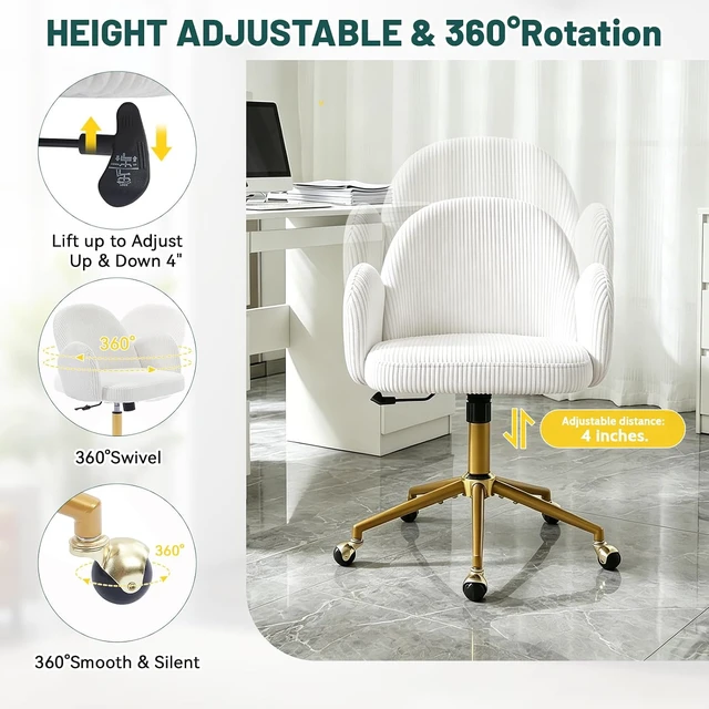 Alt view image 4 of 7 - Velvet Upholstered Office Desk Chair with Adjustable Swivel Wheels Ergonomic Computer Chair for Living Room, Bedroom, Office & Vanity Study (Beige)