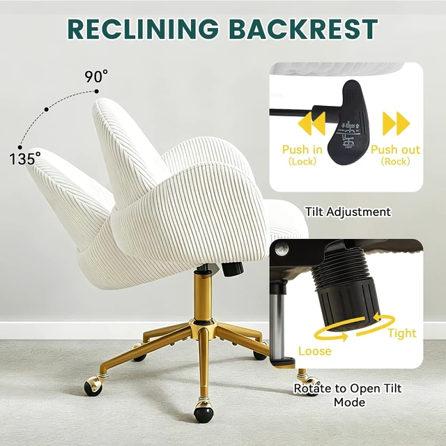 Alt view image 5 of 7 - Velvet Upholstered Office Desk Chair with Adjustable Swivel Wheels Ergonomic Computer Chair for Living Room, Bedroom, Office & Vanity Study (Beige)