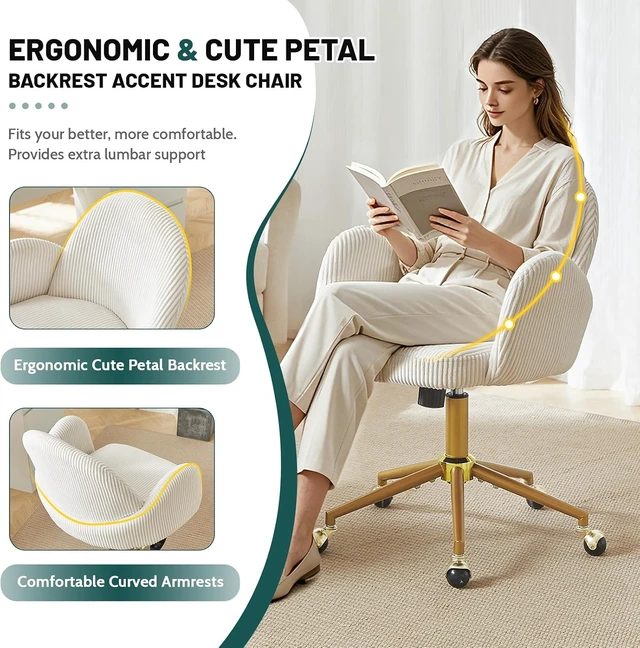 Alt view image 7 of 7 - Velvet Upholstered Office Desk Chair with Adjustable Swivel Wheels Ergonomic Computer Chair for Living Room, Bedroom, Office & Vanity Study (Beige)