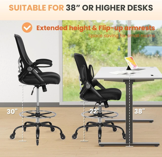 Alt view image 3 of 7 - Heavy Duty Adjustable Drafting Chair Tall Ergonomic Standing Desk Stool with Lumbar Support & Footrest for Artists & Home Office