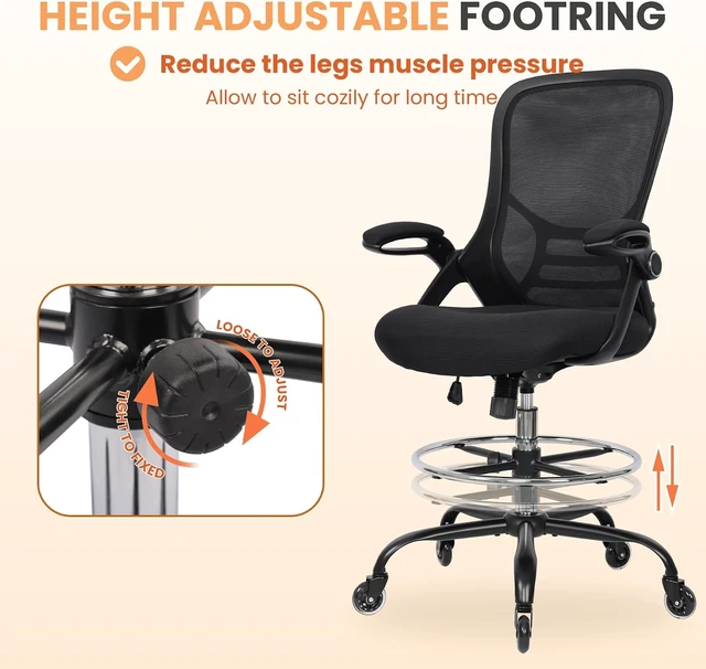 Alt view image 7 of 7 - Heavy Duty Adjustable Drafting Chair Tall Ergonomic Standing Desk Stool with Lumbar Support & Footrest for Artists & Home Office