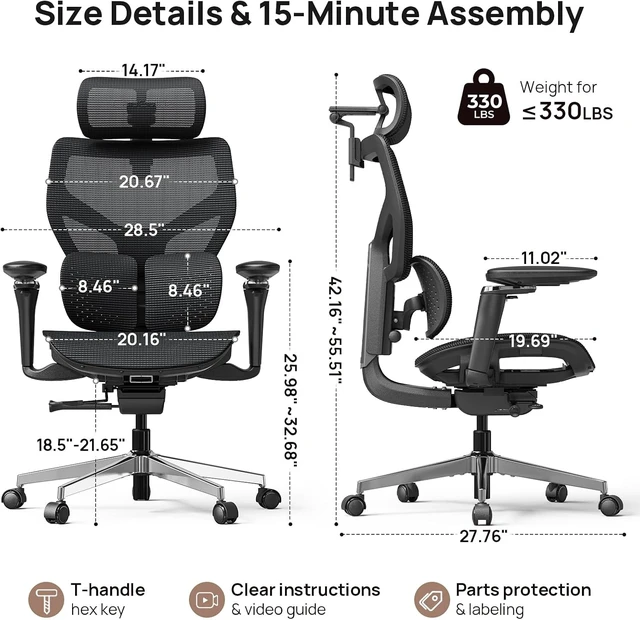 Alt view image 2 of 7 - 330 Lbs Ergonomic Mesh Office Chair 10 Hours Comfort with Dual Lumbar Support