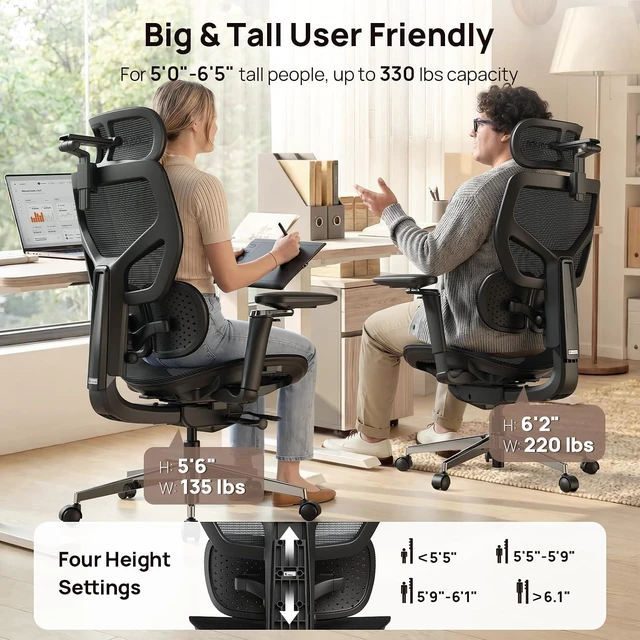 Alt view image 7 of 7 - 330 Lbs Ergonomic Mesh Office Chair 10 Hours Comfort with Dual Lumbar Support