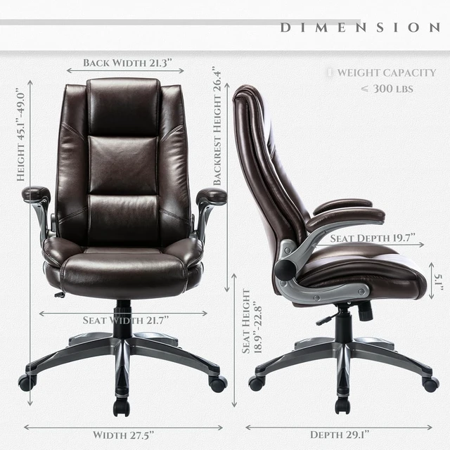 Alt view image 3 of 7 - High Back Leather Executive Office Chair with Padded Flip-Up Arms Adjustable Tilt Lock Swivel Rolling Ergonomic Chair for Working & Study, Brown