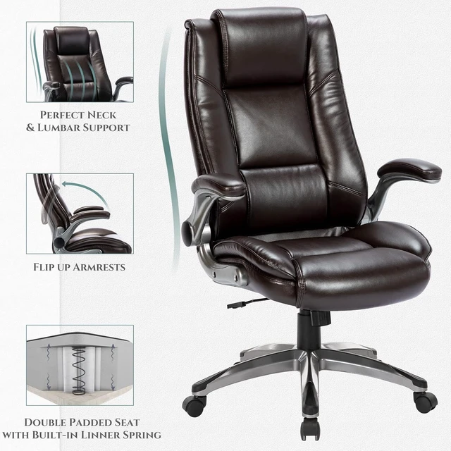 Alt view image 7 of 7 - High Back Leather Executive Office Chair with Padded Flip-Up Arms Adjustable Tilt Lock Swivel Rolling Ergonomic Chair for Working & Study, Brown