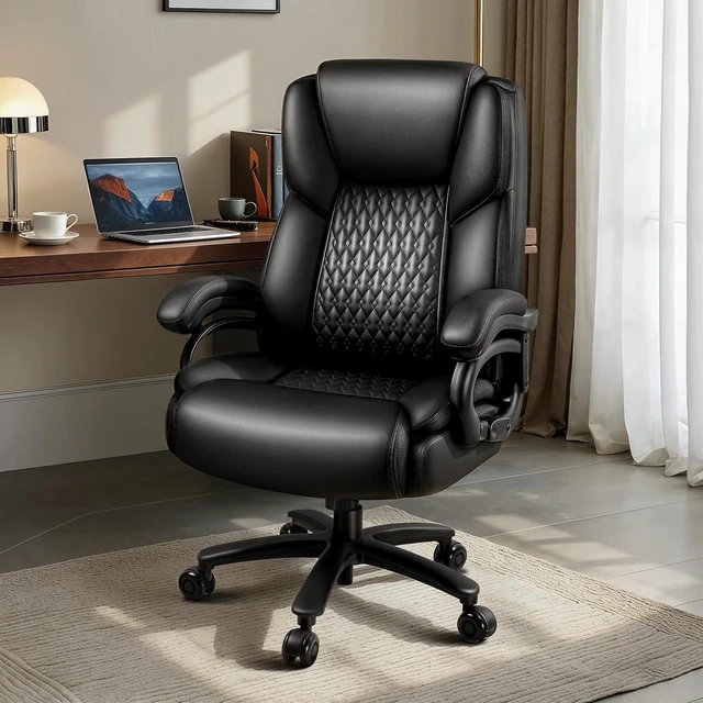Alt view image 2 of 7 - 500 Lbs Big & Tall Office Chair Heavy Duty High Back Leather Executive Chair with Lumbar Support, Quiet Rubber Wheels & Extra Padded Seat, Black
