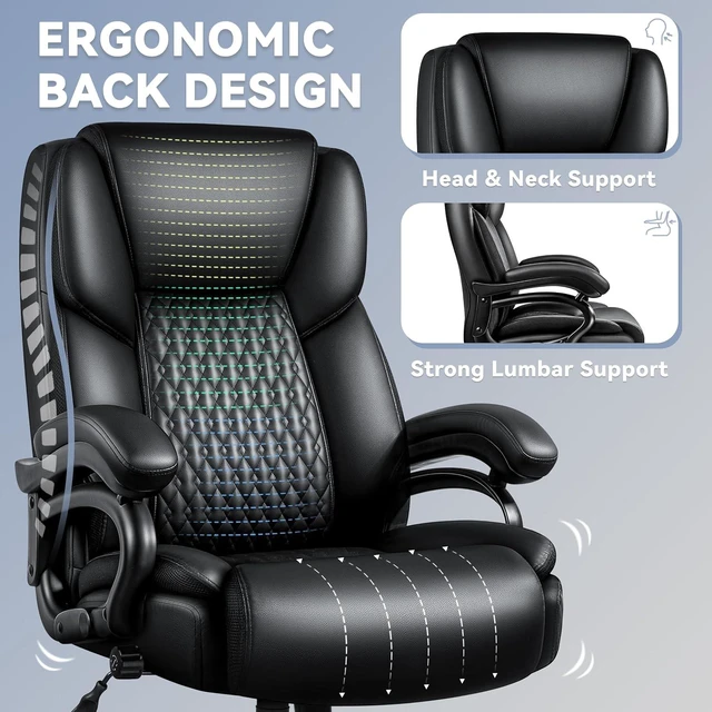 Alt view image 4 of 7 - 500 Lbs Big & Tall Office Chair Heavy Duty High Back Leather Executive Chair with Lumbar Support, Quiet Rubber Wheels & Extra Padded Seat, Black