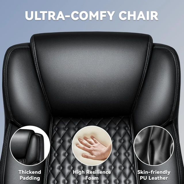 Alt view image 5 of 7 - 500 Lbs Big & Tall Office Chair Heavy Duty High Back Leather Executive Chair with Lumbar Support, Quiet Rubber Wheels & Extra Padded Seat, Black