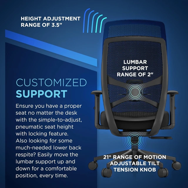 Alt view image 7 of 7 - ProTask Executive Office Chair with Mesh Back & Built-In Lumbar Support Height-Adjustable Ergonomic Mesh Desk Chair, Black
