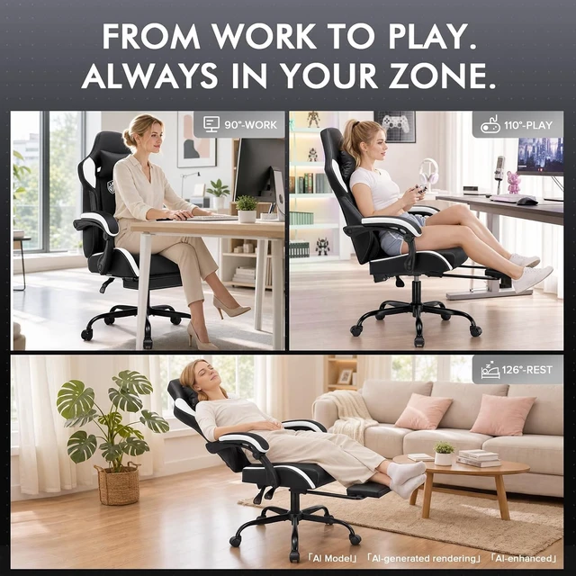 Alt view image 5 of 7 - White Gaming Chair with Footrest Computer Gaming Chair for Adults