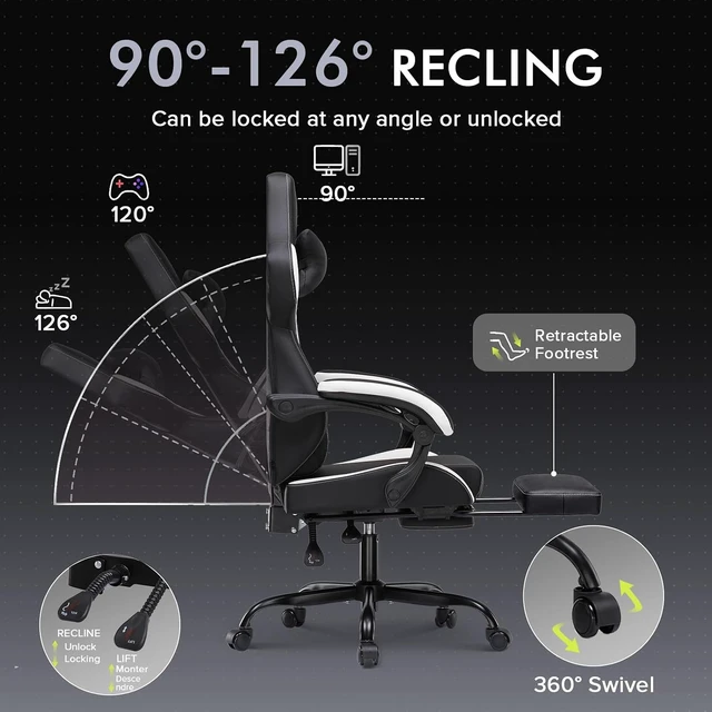 Alt view image 4 of 7 - 350 Lbs Heavy Duty Gaming Chair with Footrest High Back Ergonomic Swivel PC Chair with Linkage Armrest & Lumbar Support for Office, White