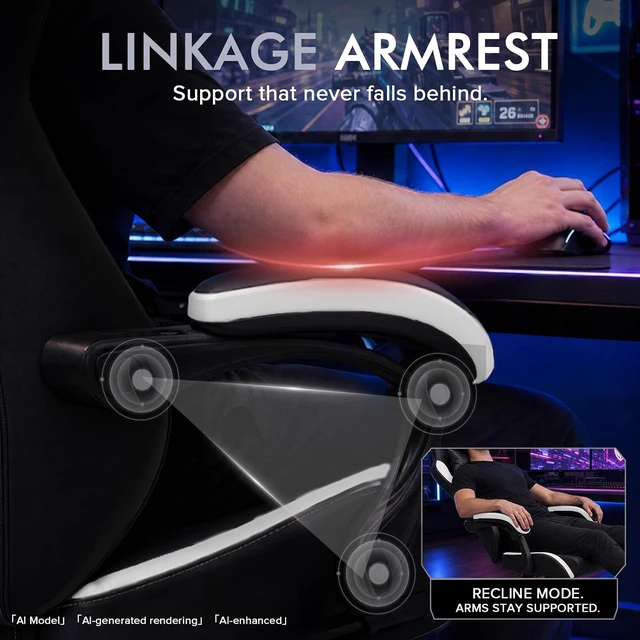 Alt view image 5 of 7 - 350 Lbs Heavy Duty Gaming Chair with Footrest High Back Ergonomic Swivel PC Chair with Linkage Armrest & Lumbar Support for Office, White