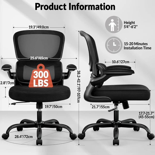 Alt view image 2 of 7 - Ergonomic Breathable Mesh Office Chair with Adjustable Lumbar Support & Flip-Up Armrests Executive Swivel Chair for Home Office, Black