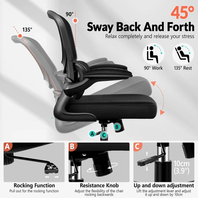 Alt view image 3 of 7 - Ergonomic Breathable Mesh Office Chair with Adjustable Lumbar Support & Flip-Up Armrests Executive Swivel Chair for Home Office, Black