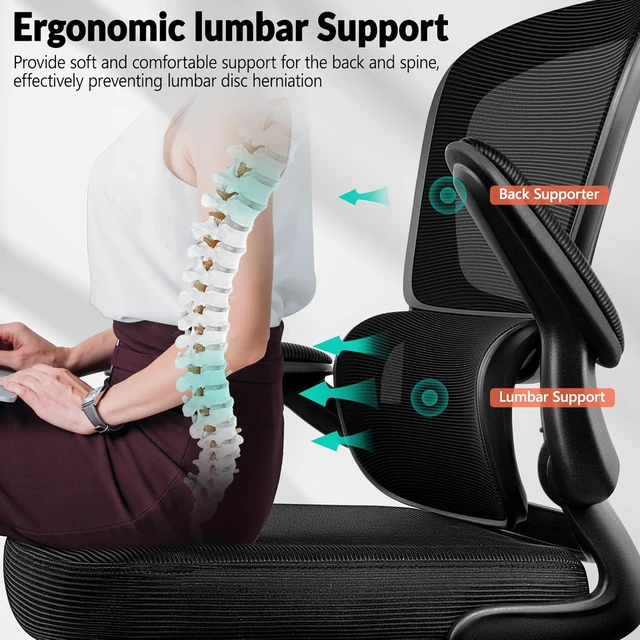 Alt view image 4 of 7 - Ergonomic Breathable Mesh Office Chair with Adjustable Lumbar Support & Flip-Up Armrests Executive Swivel Chair for Home Office, Black