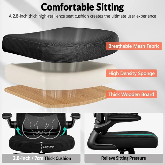 Alt view image 5 of 7 - Ergonomic Breathable Mesh Office Chair with Adjustable Lumbar Support & Flip-Up Armrests Executive Swivel Chair for Home Office, Black