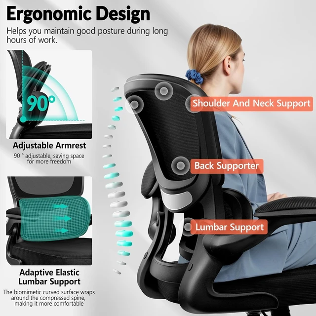 Alt view image 6 of 7 - Ergonomic Breathable Mesh Office Chair with Adjustable Lumbar Support & Flip-Up Armrests Executive Swivel Chair for Home Office, Black