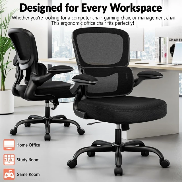 Alt view image 7 of 7 - Ergonomic Breathable Mesh Office Chair with Adjustable Lumbar Support & Flip-Up Armrests Executive Swivel Chair for Home Office, Black