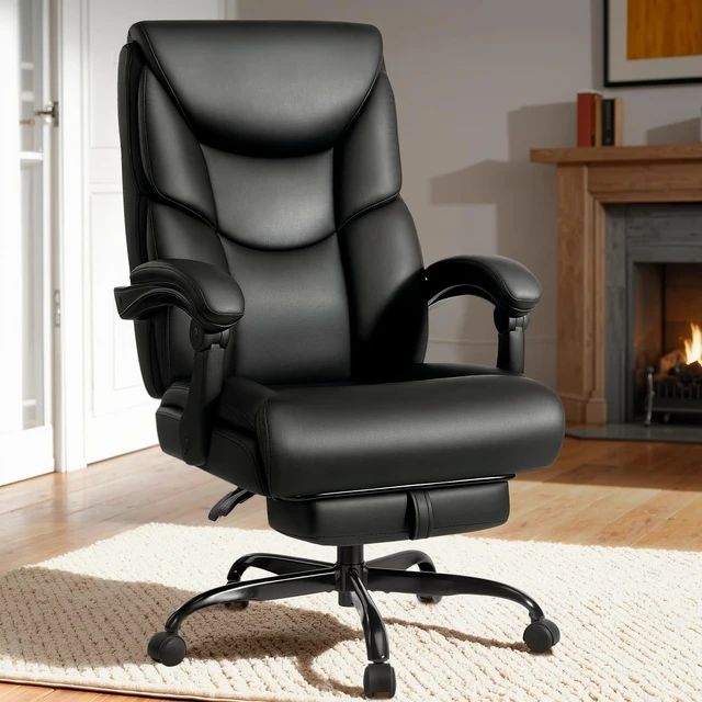 Alt view image 2 of 7 - 400 Lbs Reclining Office Chair with Foot Rest Big & Tall High Back PU Leather Chair with Lumbar Support & Spring Cushion for Home Office
