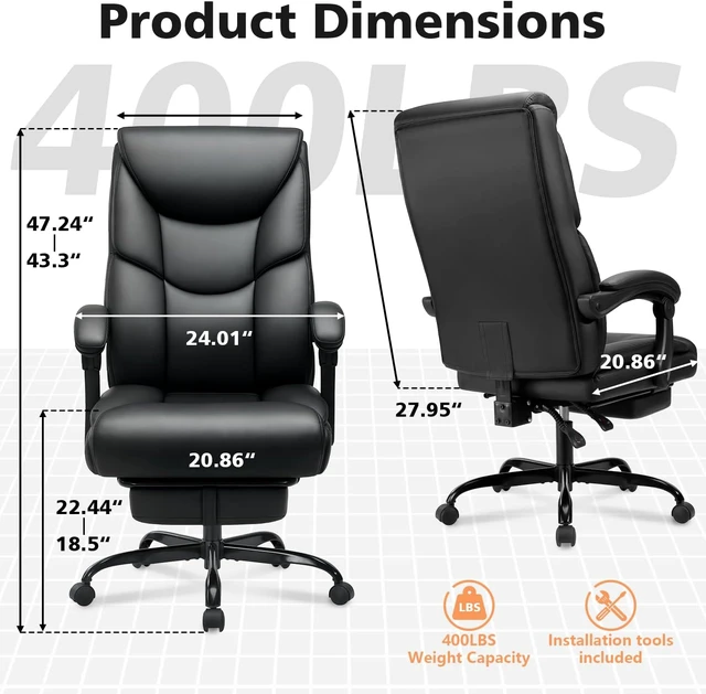 Alt view image 3 of 7 - 400 Lbs Reclining Office Chair with Foot Rest Big & Tall High Back PU Leather Chair with Lumbar Support & Spring Cushion for Home Office
