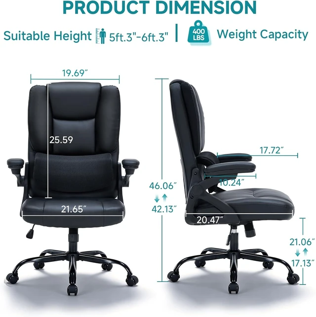 Alt view image 3 of 7 - Executive Office Chair with Comfortable Lumbar Support 3-Way Adjustable Flip-Up Armrests, High Back Comfy PU Leather Swivel Managerial Desk Chair for Home Office
