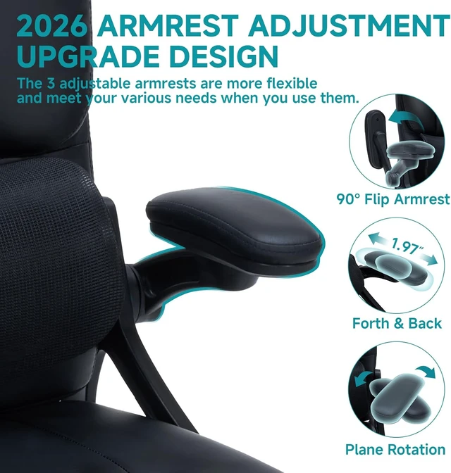 Alt view image 4 of 7 - Executive Office Chair with Comfortable Lumbar Support 3-Way Adjustable Flip-Up Armrests, High Back Comfy PU Leather Swivel Managerial Desk Chair for Home Office