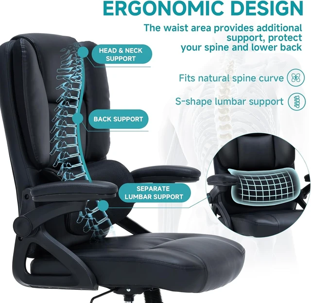 Alt view image 7 of 7 - Executive Office Chair with Comfortable Lumbar Support 3-Way Adjustable Flip-Up Armrests, High Back Comfy PU Leather Swivel Managerial Desk Chair for Home Office
