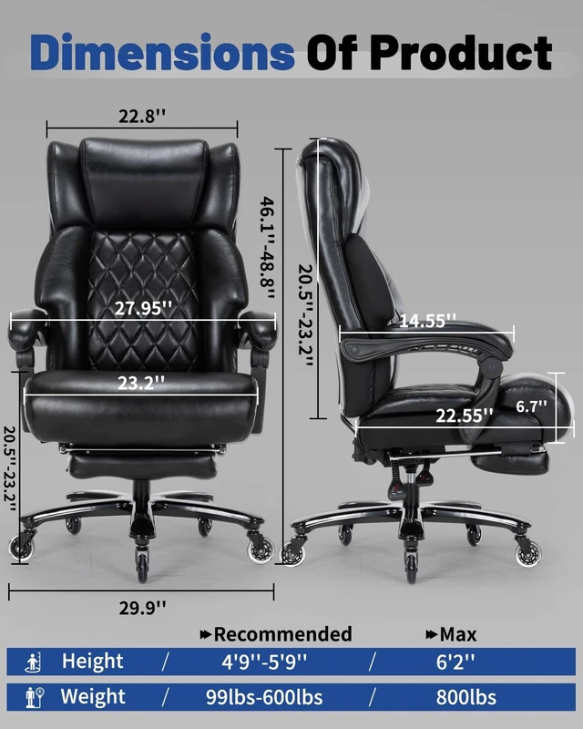 Alt view image 2 of 7 - 800 Lbs Big & Tall Office Chair Reclining Desk Chair with Foot Rest