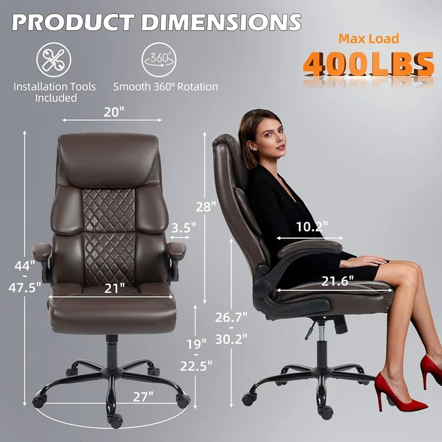 Alt view image 2 of 7 - Ergonomic High Back Computer Desk Chair with Rocking Function & Lumbar Support Executive Wide Leather Swivel Chair with Flip-Up Armrests for Home Gaming