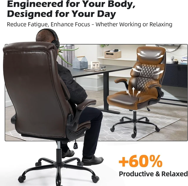 Alt view image 3 of 7 - Ergonomic High Back Computer Desk Chair with Rocking Function & Lumbar Support Executive Wide Leather Swivel Chair with Flip-Up Armrests for Home Gaming