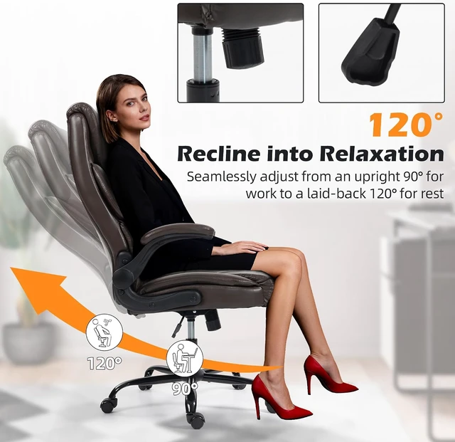 Alt view image 5 of 7 - Ergonomic High Back Computer Desk Chair with Rocking Function & Lumbar Support Executive Wide Leather Swivel Chair with Flip-Up Armrests for Home Gaming