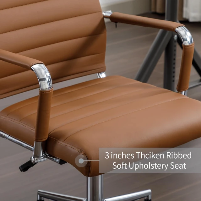 Alt view image 5 of 6 - Modern Leather Executive Office Chair with Wheels High Back Ergonomic Ribbed Swivel Computer Chair for Conference Room (Brown)