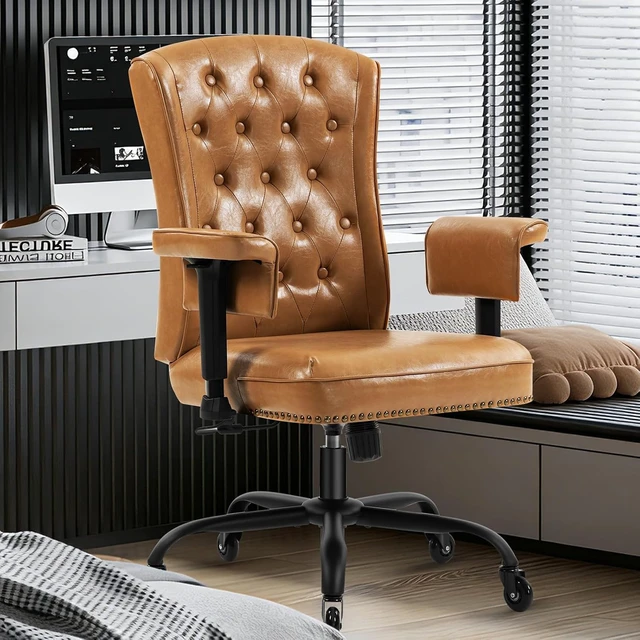 Alt view image 2 of 7 - Ergonomic Executive Office Chair with Tufted Back & Nailhead Trim Faux Leather Swivel Work Chair with Wheels & Arms for Home Office, Camel