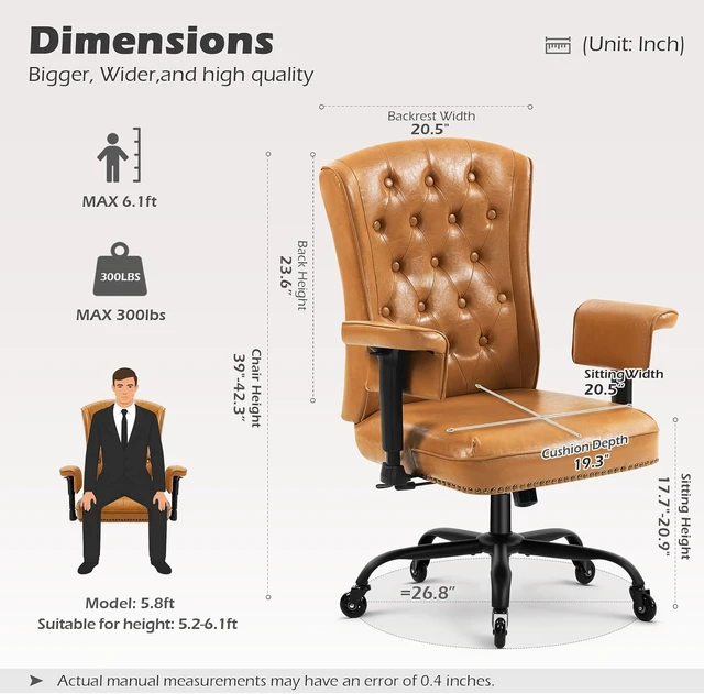 Alt view image 3 of 7 - Ergonomic Executive Office Chair with Tufted Back & Nailhead Trim Faux Leather Swivel Work Chair with Wheels & Arms for Home Office, Camel