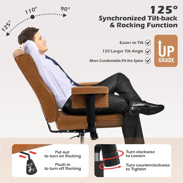 Alt view image 4 of 7 - Ergonomic Executive Office Chair with Tufted Back & Nailhead Trim Faux Leather Swivel Work Chair with Wheels & Arms for Home Office, Camel