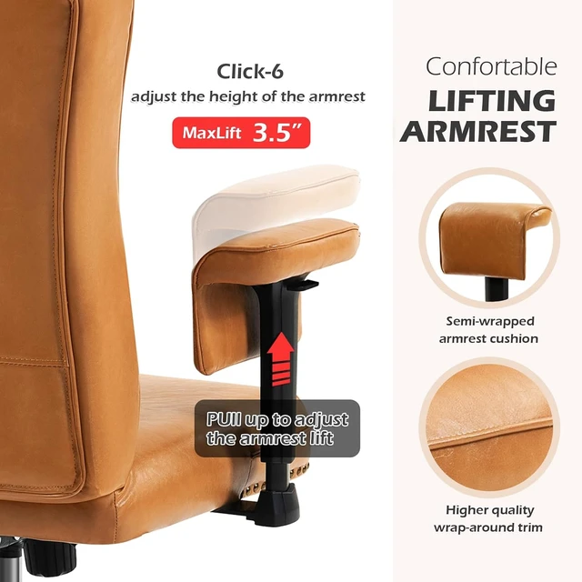 Alt view image 5 of 7 - Ergonomic Executive Office Chair with Tufted Back & Nailhead Trim Faux Leather Swivel Work Chair with Wheels & Arms for Home Office, Camel
