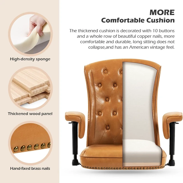 Alt view image 6 of 7 - Ergonomic Executive Office Chair with Tufted Back & Nailhead Trim Faux Leather Swivel Work Chair with Wheels & Arms for Home Office, Camel