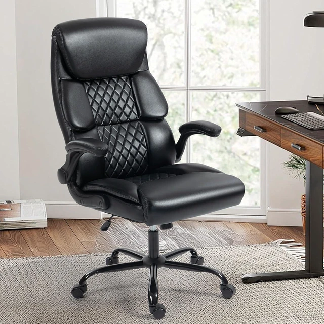 Main image of High Back Ergonomic Computer Desk Chair with Rocking Function & Lumbar Support Executive Comfortable Wide Leather Swivel Chair with Flip-Up Armrests for Home Gaming