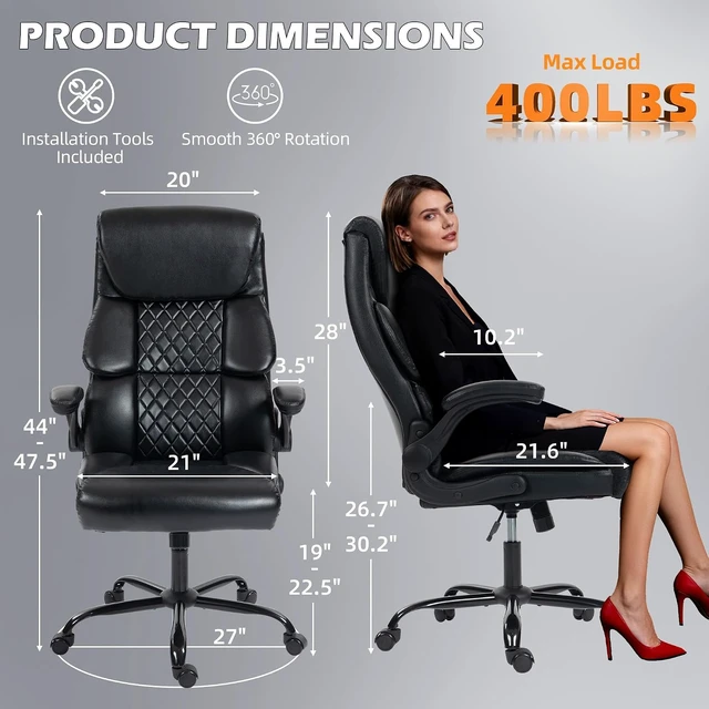 Alt view image 2 of 7 - High Back Ergonomic Computer Desk Chair with Rocking Function & Lumbar Support Executive Comfortable Wide Leather Swivel Chair with Flip-Up Armrests for Home Gaming