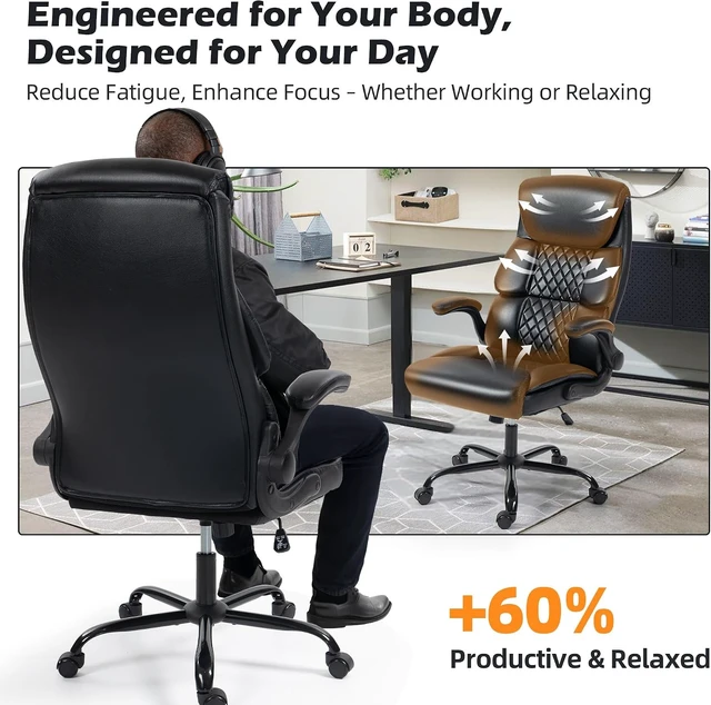Alt view image 3 of 7 - High Back Ergonomic Computer Desk Chair with Rocking Function & Lumbar Support Executive Comfortable Wide Leather Swivel Chair with Flip-Up Armrests for Home Gaming