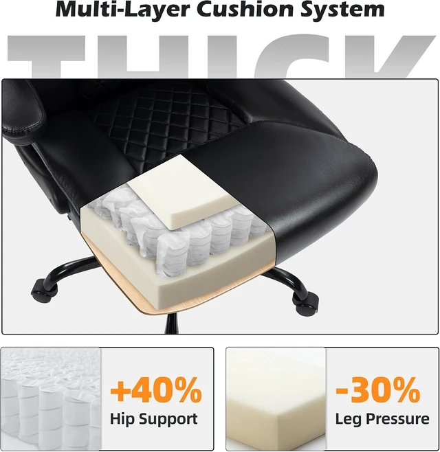 Alt view image 4 of 7 - High Back Ergonomic Computer Desk Chair with Rocking Function & Lumbar Support Executive Comfortable Wide Leather Swivel Chair with Flip-Up Armrests for Home Gaming