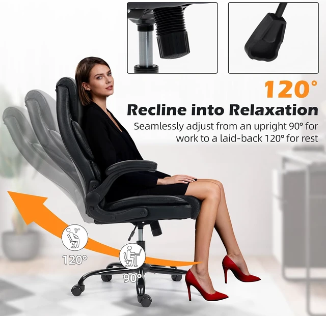 Alt view image 5 of 7 - High Back Ergonomic Computer Desk Chair with Rocking Function & Lumbar Support Executive Comfortable Wide Leather Swivel Chair with Flip-Up Armrests for Home Gaming