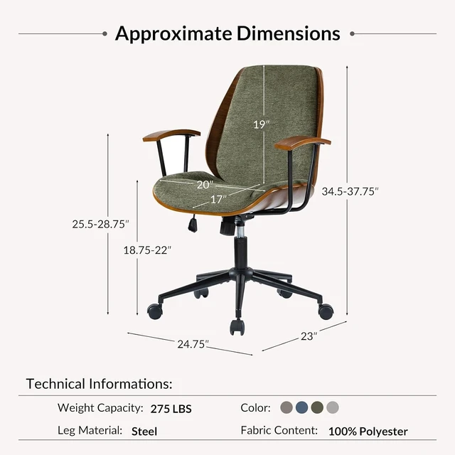 Alt view image 2 of 7 - Modern Ergonomic Office Chair with Wood Frame & Metal Base Swivel Upholstered Computer Chair with Adjustable Height for Home Office, Green