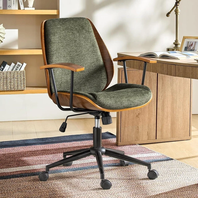 Main image of Modern Ergonomic Office Chair with Wood Frame & Metal Base Swivel Upholstered Computer Chair with Adjustable Height for Home Office, Green