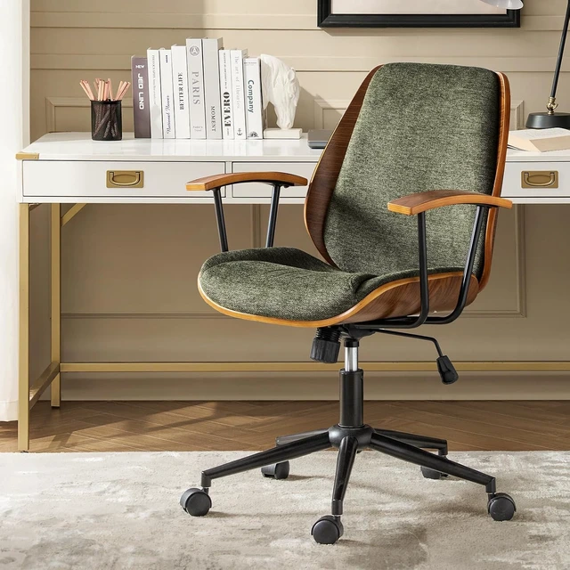 Alt view image 3 of 7 - Modern Ergonomic Office Chair with Wood Frame & Metal Base Swivel Upholstered Computer Chair with Adjustable Height for Home Office, Green